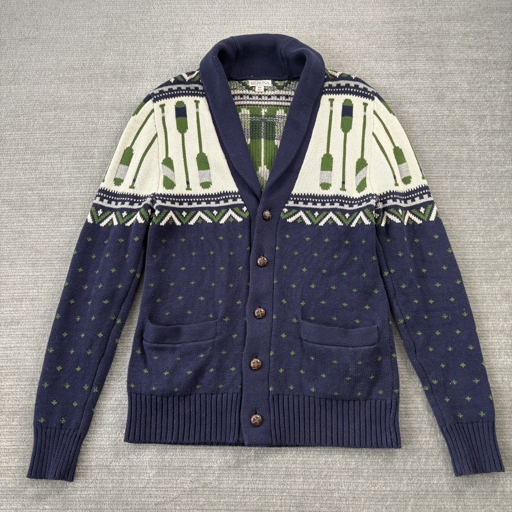 Merona Cardigan Sweater Mens Small Navy Blue Birdseye Oars Print Apres Ski Shawl